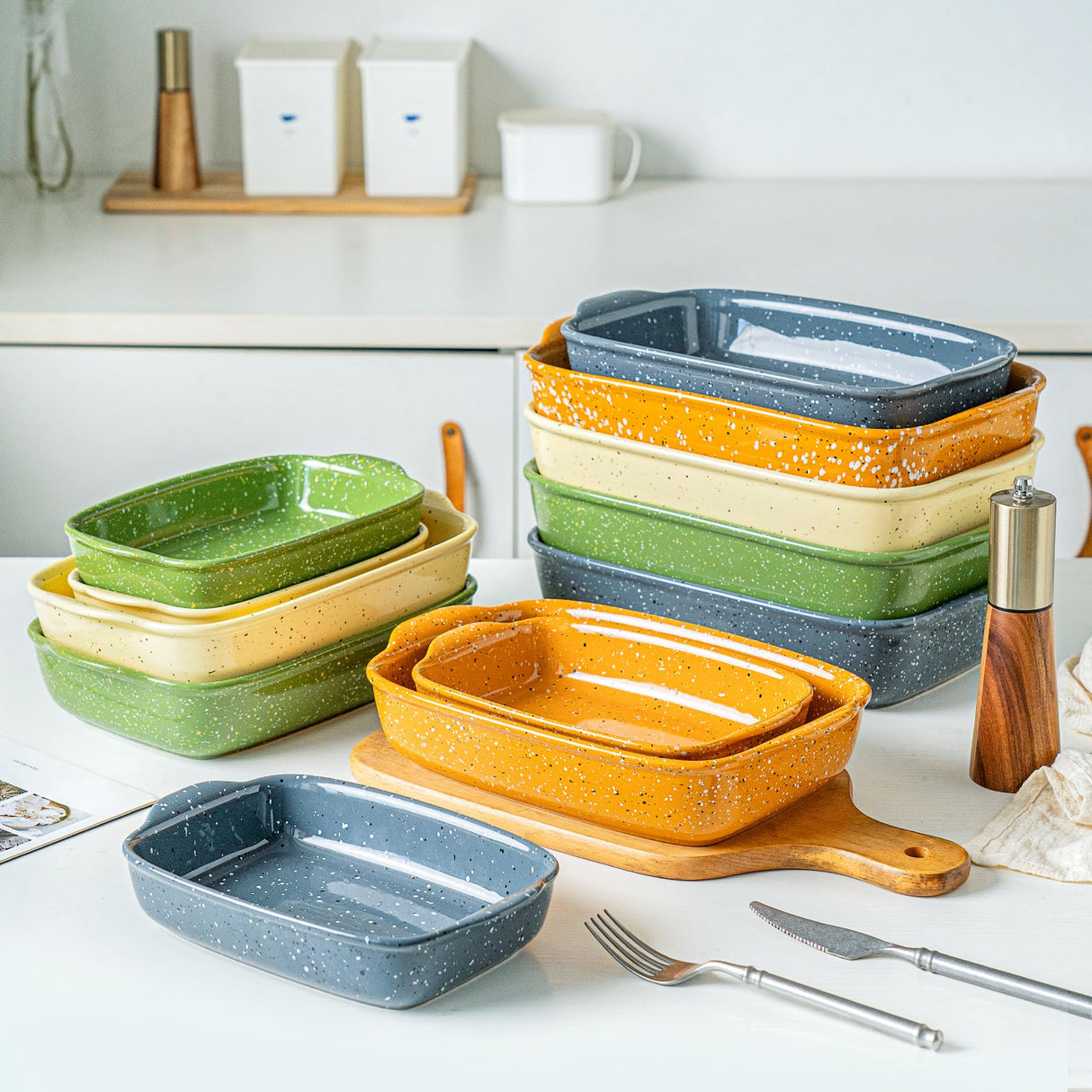 KROKORI Ceramic Bakeware Dish Set of 3, Rectangular Baking Casserole for Oven,High Heat Resistant,Lasagna Pan Deep with Handles,Handcraft Speckle Series (13.8''/12''/9.6''Grey) Krokori