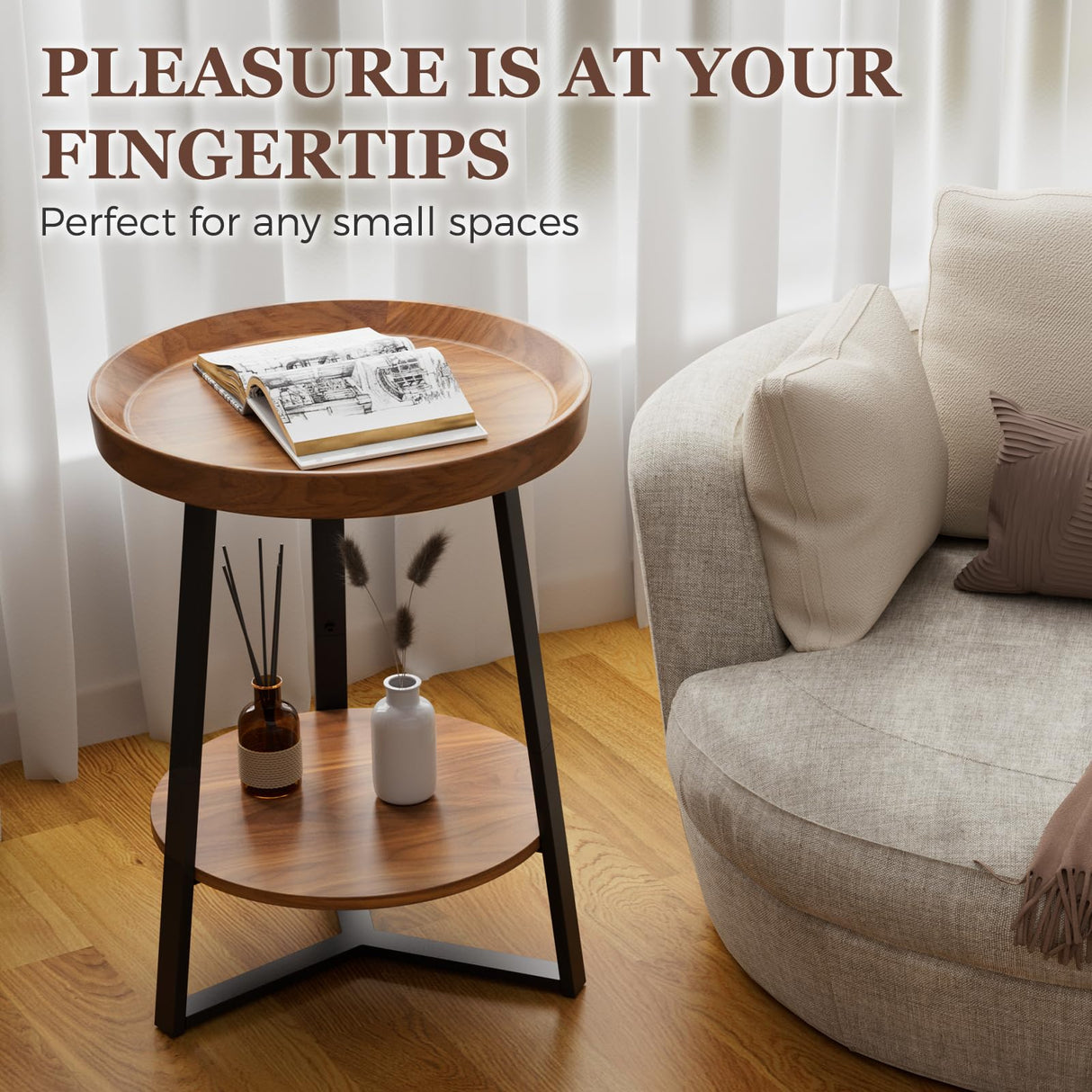 Gadroad Round End Table with Storage Shelf, 2 Tier Farmhouse Side Table Nightstand for Living Room, Bedroom, Wood Tabletop & Black Metal Frame, Brown 15.7 * 15.7 * 23.0inches Gadroad