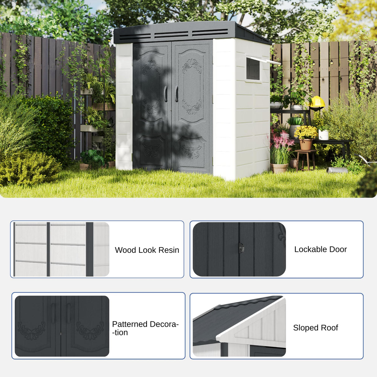 Patio Kingdom 6x4FT HDPE Resin Outdoor Storage Shed with Sloped Roof, Injection Molded Plastic Lean to Garden Tool Shed, All Weather Resistant, Lockable Double Doors & Ventilation for Backyard Patio Patio Kingdom