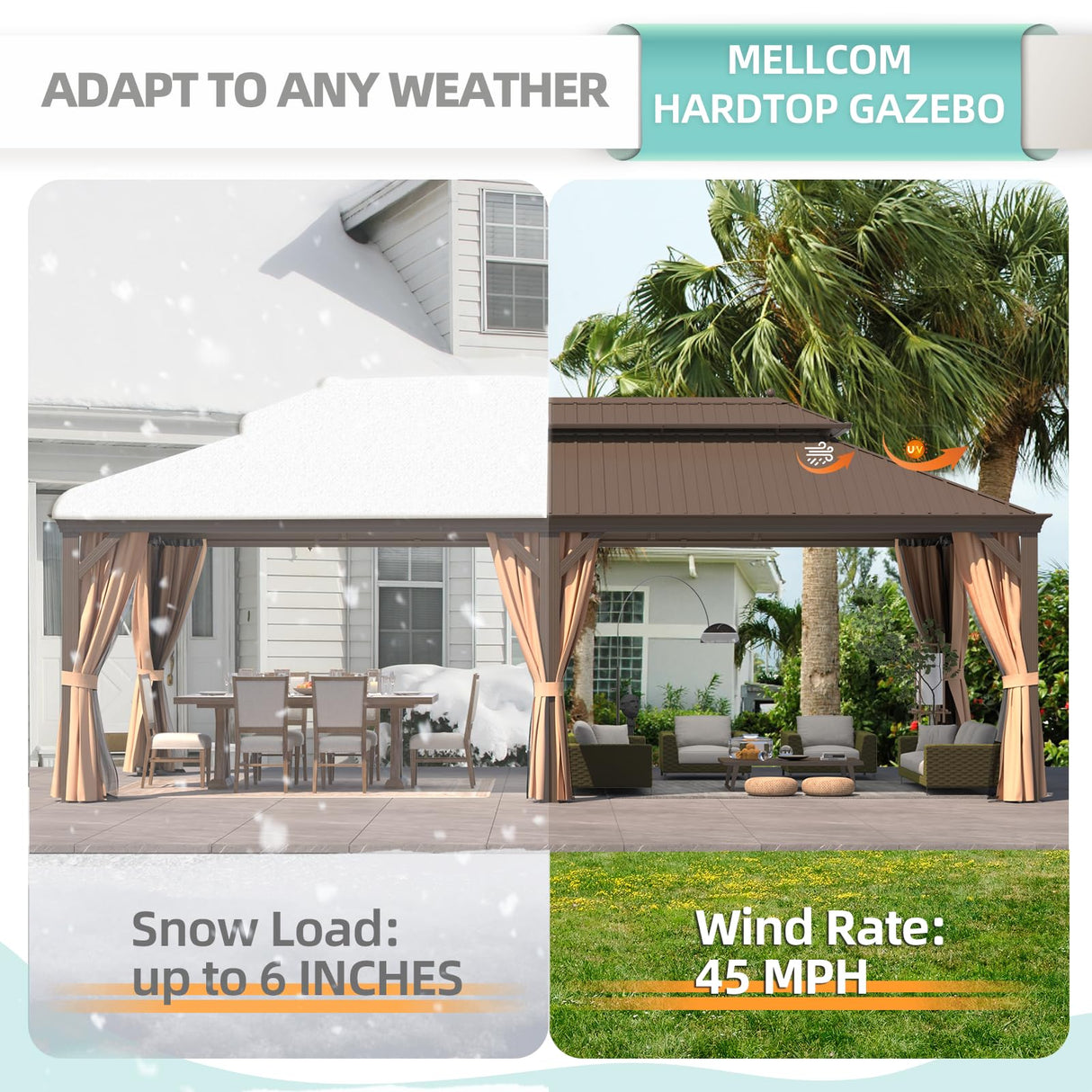 MELLCOM 12' x 24' Hardtop Gazebo,Galvanized Steel Metal Double Roof Aluminum Gazebo with Curtain and Netting,Brown Permanent Pavilion Gazebo with Aluminum Frame for Patios,Gardens,Lawns MELLCOM