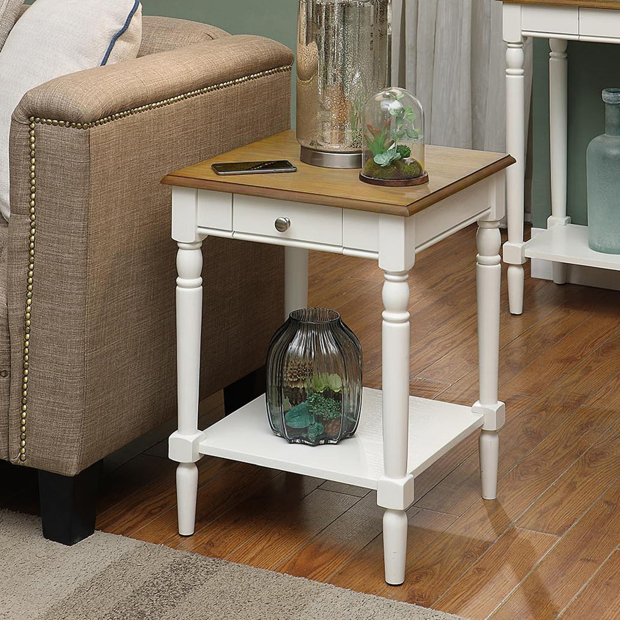 Convenience Concepts French Country End Table 18" -Traditional Farmhouse Side Table with Storage Drawer and Shelf, Living Room, Driftwood/White Convenience Concepts