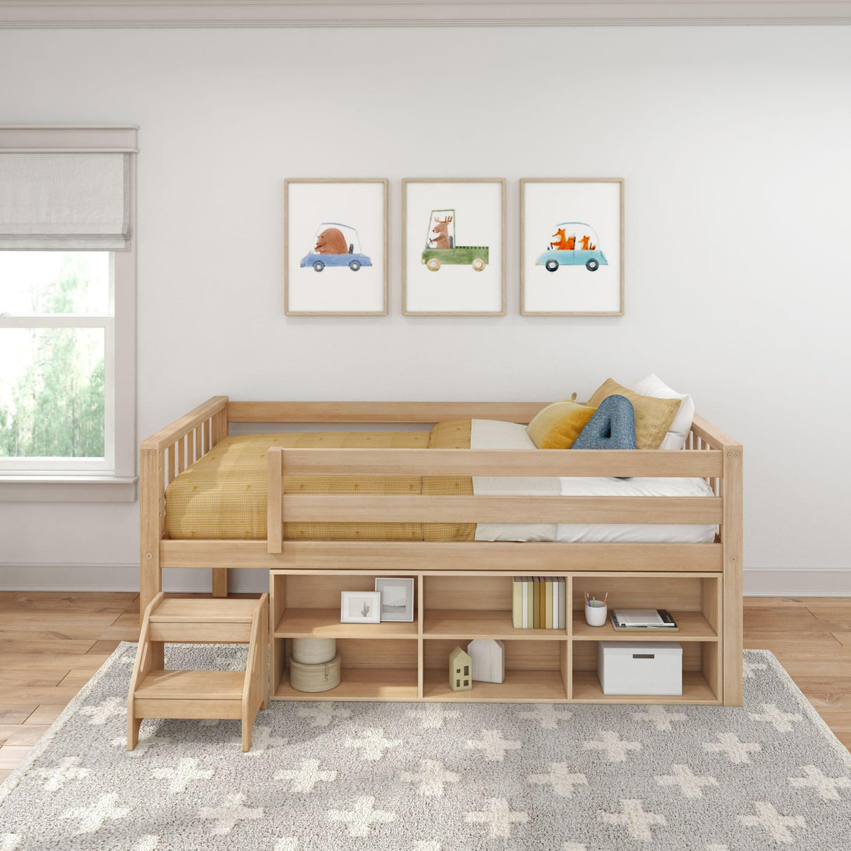 Max & Lily Soren Ultra Low Loft Bed, Twin Bed Frame for Kids with Bookcase, Blonde Max & Lily