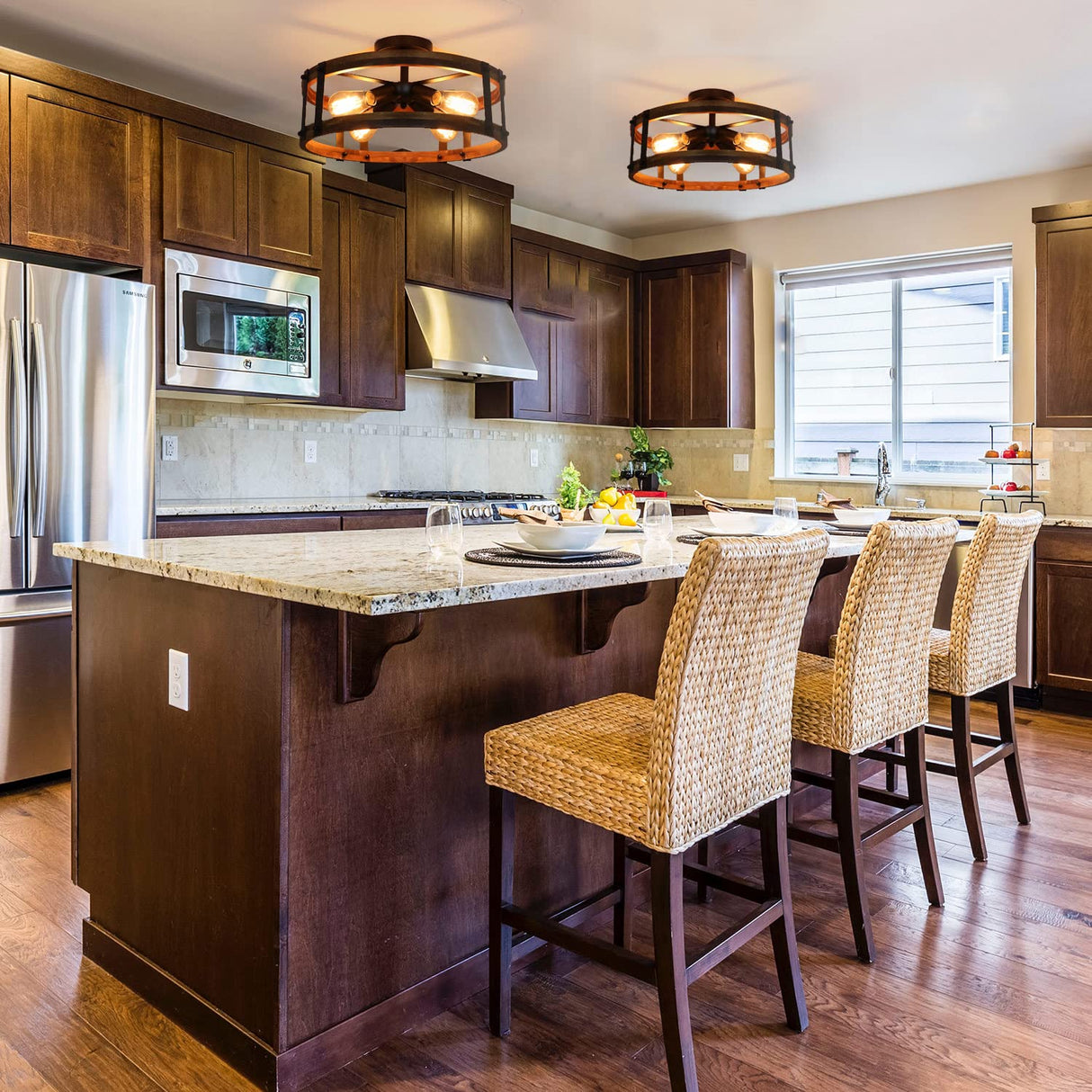 Voguad Semi Flush Mount Ceiling Light Fixture, Modern Farmhouse Wood Drum Ceiling Lamp, Rustic Close to Ceiling Lighting for Hallway Entryway Laundry Room Bedroom Voguad