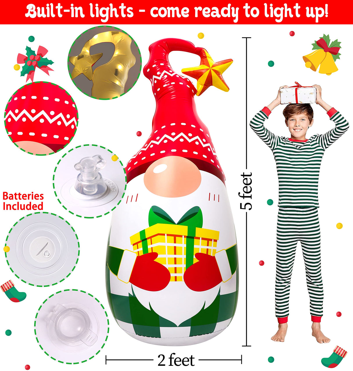 5Ft Lighted Outdoor Christmas Decorations Inflatables - Blow Up Gnome Tumbler Xmas/Winter Holiday/Happy New Year 2025 Display Indoor Party Decor Supplies Renbuzhu