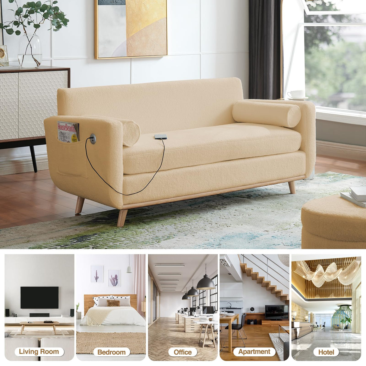 63" W Loveseat Sofa,Beige Boucle Couch with LED Lights and USB Ports Modern Fluffy Love Seat Couches 2 Seater Comfy All-Wood Washable Covers Sofa Furniture for Bedroom Living Room Small Space Office FiveWillowise