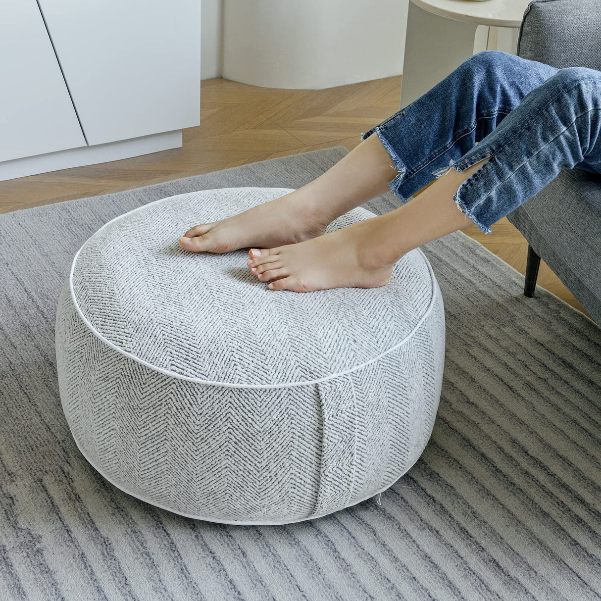 weruisi Inflatable Pouf Ottoman, 21x10 Inches Stuffed Chenille Ottoman with Inflatable PVC Liner, Foot Rest with Portable Handle, Round Floor Pillow for Living Room, Bedroom, Kids Room weruisi