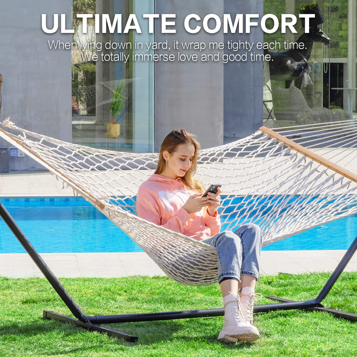 PNAEUT Double Rope Hammock with Stand Included, 12ft Heavy Duty Stand, 2 Person Traditional Cotton Rope Hammocks with Pillow for Outside Porch Patio Backyard Outdoor, Max 475lbs Capacity (Burlywood) PNAEUT