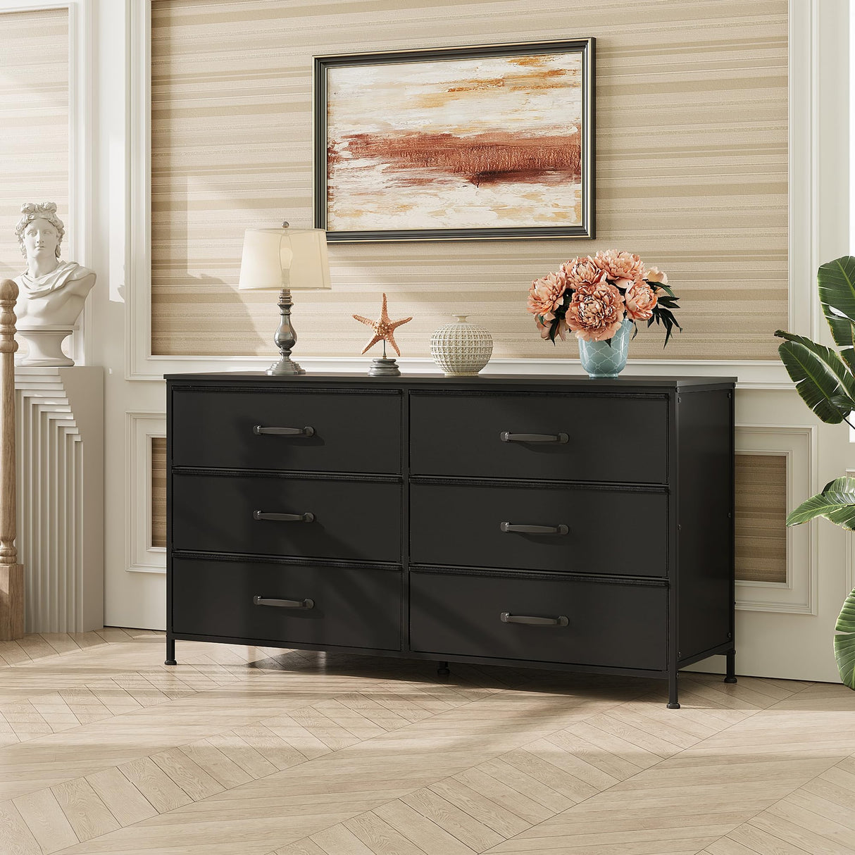 WLIVE Wide Fabric Dresser, 6 Drawer Dresser TV Stand for 60" TV, Dressers Bedroom Furniture Large Storage Tower Unit with Fabric Bins, Black Dresser for Bedroom, Closet, Hallway, Black WLIVE