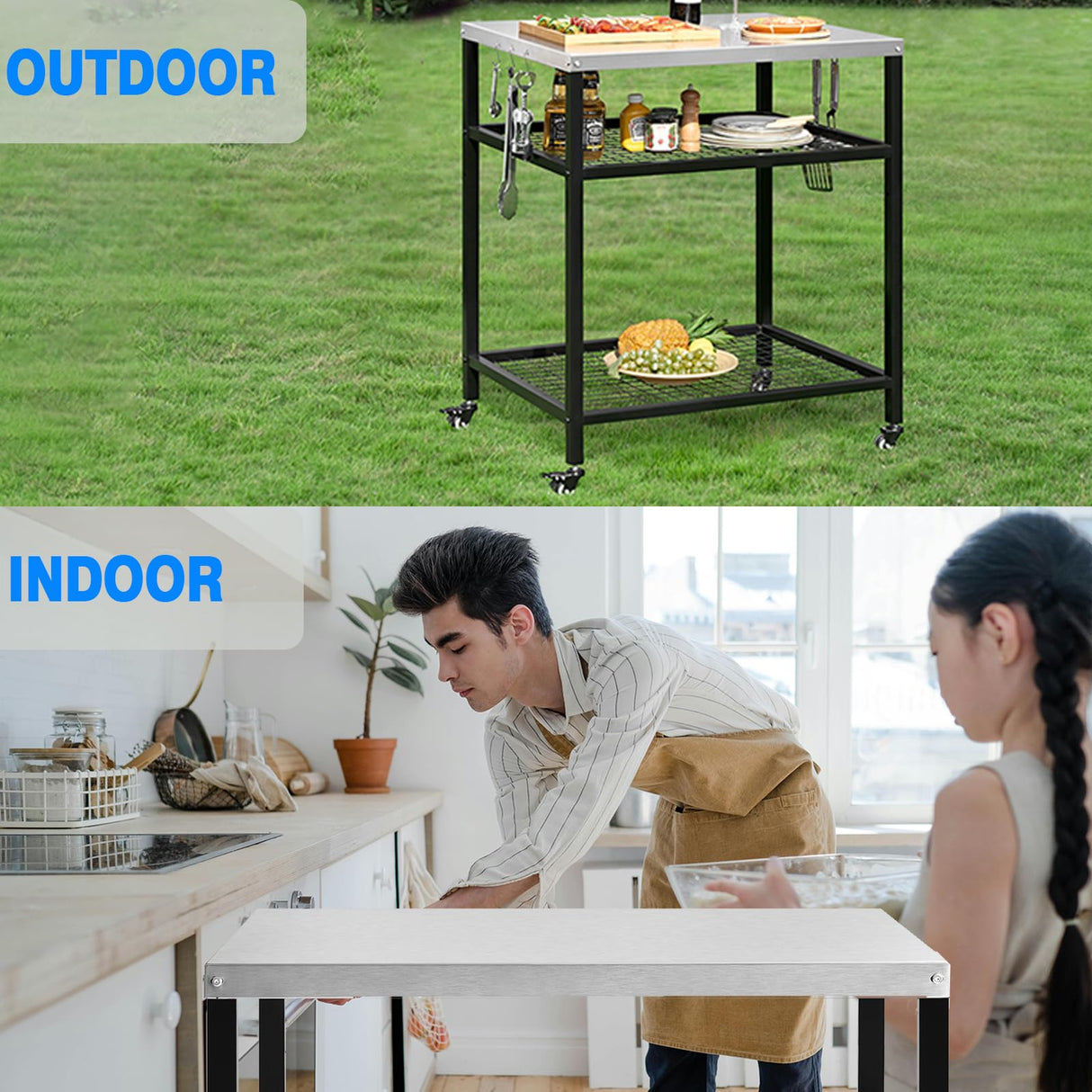 WEASHUME Stainless Steel Grill Cart Pizza Oven Stand Trolley Table with Wheels Three-Shelf Movable Food Prep and Work Cart Table Heavy Duty Grill Cart Outdoor Cart 31.5"×24"×35.5" WEASHUME