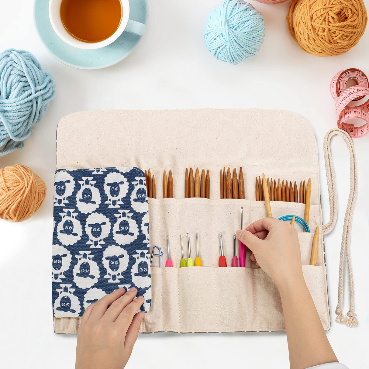 Teamoy Knitting Needles Holder Case(up to 11 Inches), Rolling Organizer for Straight and Circular Knitting Needles, Crochet Hooks and Accessories, Sheep - NO Accessories Included Teamoy