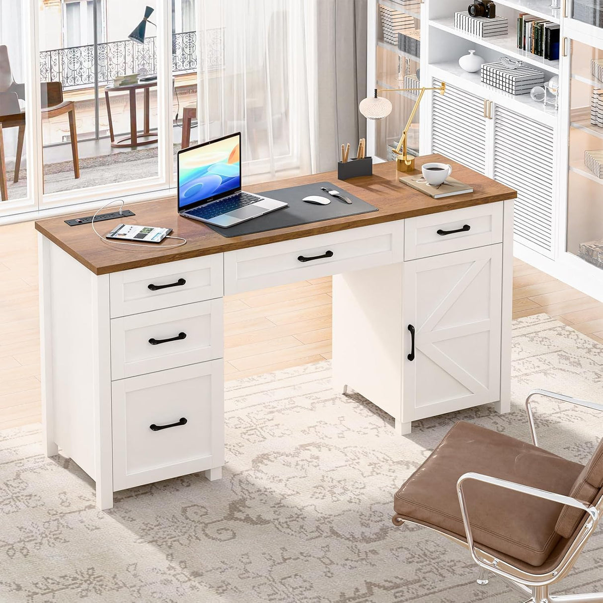 Farmhouse 61'' Executive Desk with 5 Drawers, Rustic Office Desk Computer Desk with Charging Station, File Drawers and Storage Cabinet, Wood Workstation for Study and Home Office,(Unique White) Vabches
