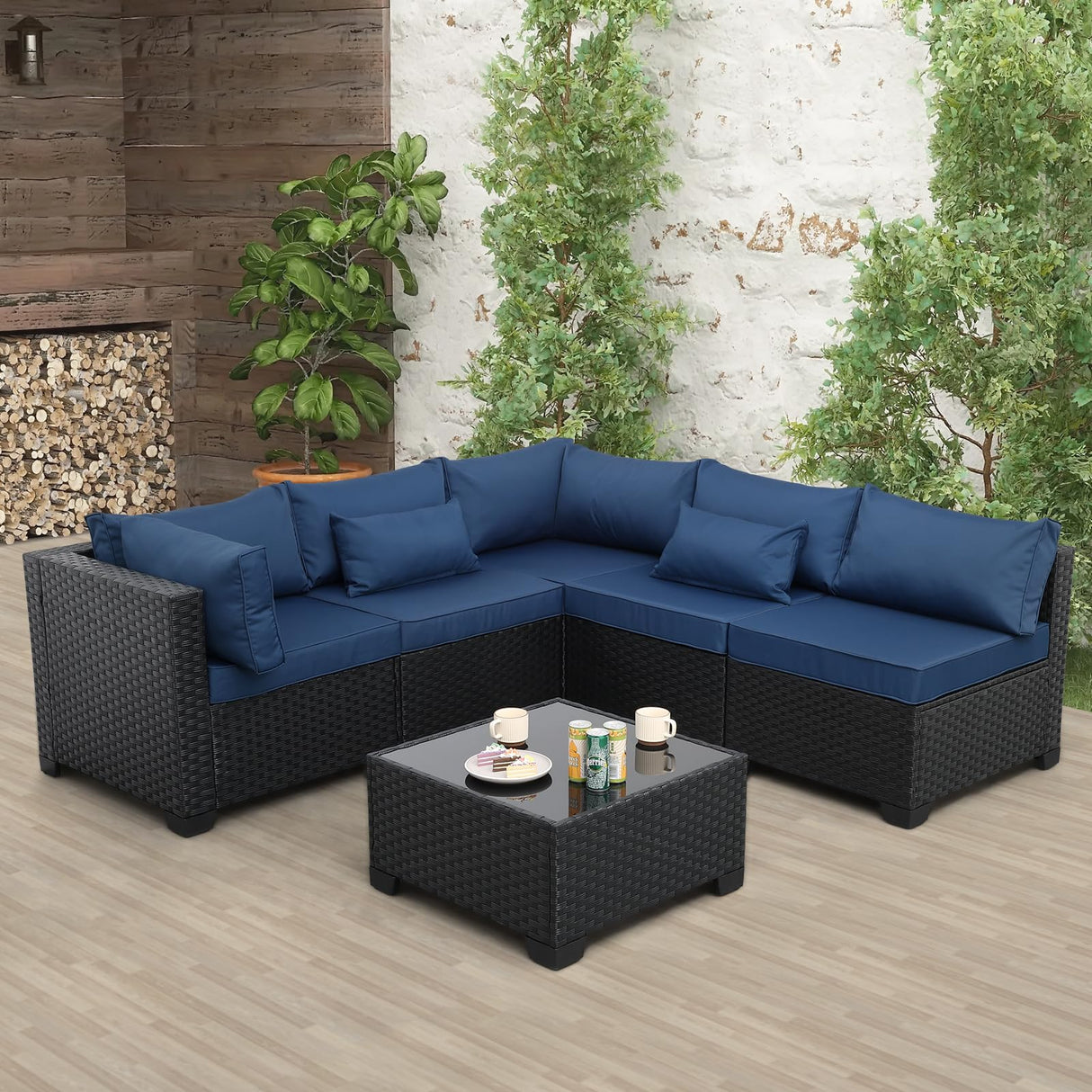 Rattaner Patio Sectional 6 Pieces All-Weather Wicker Patio Furniture Set Outdoor Sectional with Glass Patio Table Non-Slip Cushions and Waterproof Covers, Navy Blue Rattaner