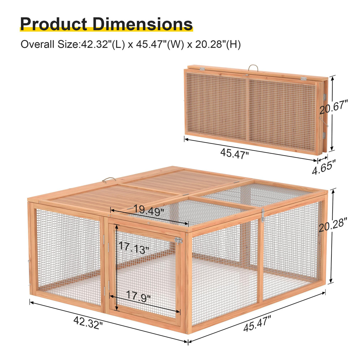 Chicken Coop, Wooden Rabbit Hutch Outdoor Indoor Folding Bunny Cage with Handle Portable Chicken Run with Top & Side Opening Doors Small Animal Playpen No Assembly Pet Poultry Cage for Bunny(Wood) Phonjoroo