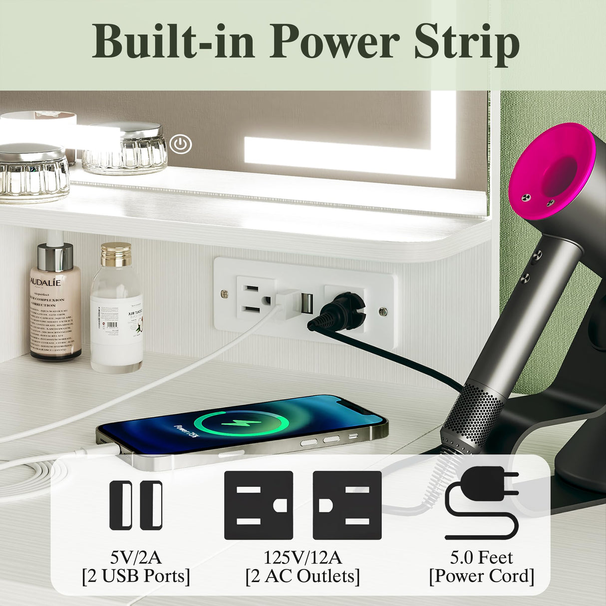 ALEXNUTRE Makeup Vanity Desk with Mirror and Lights, Small Vanity with Fabric Storage Drawer & Chair & Shelves, White Vanity with Fold-up Panel and Power Outlet for Bedroom ALEXNUTRE