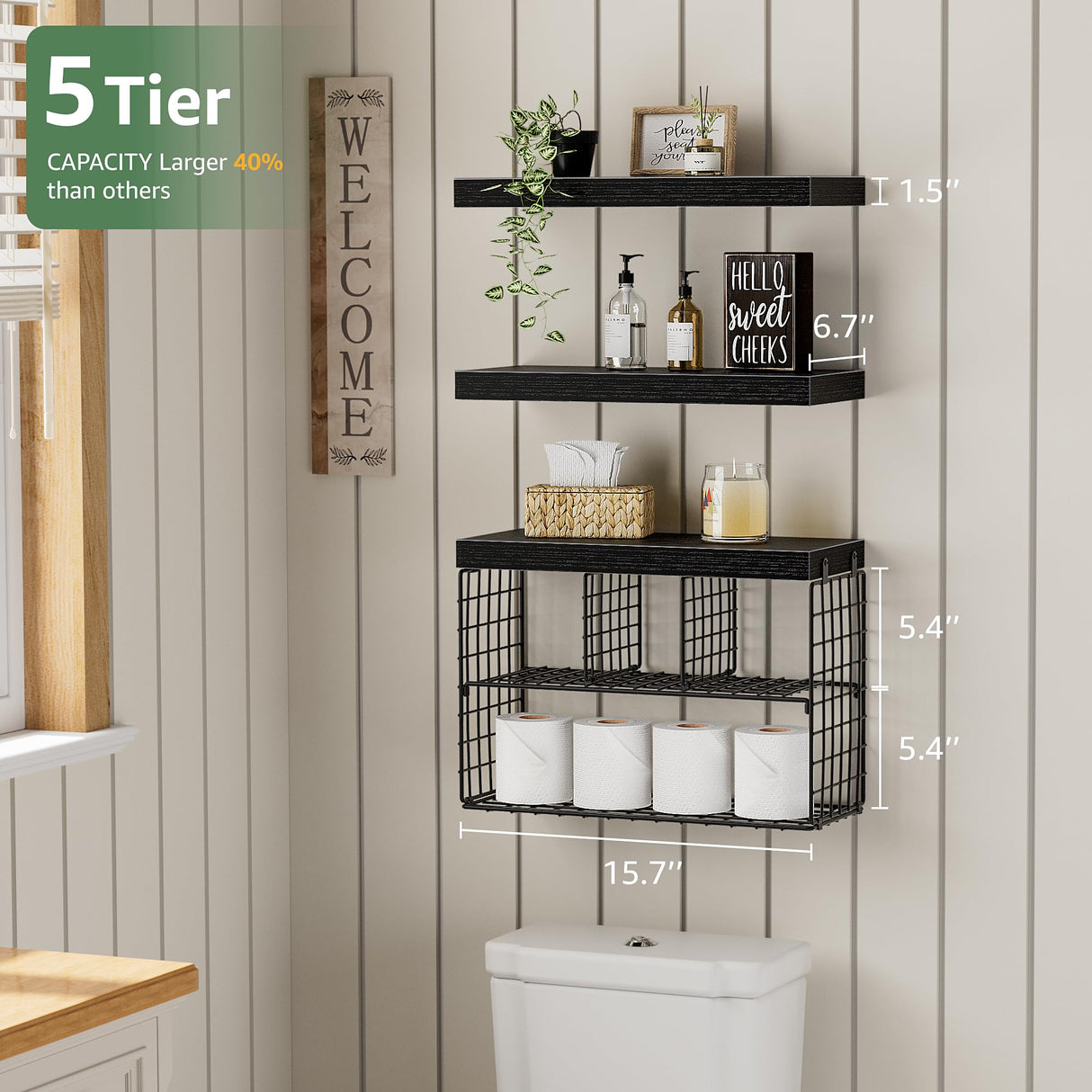 KLUVIS Bathroom Floating Shelves for Wall - Shelf Over Toilet Storage Small Farmhouse Decor Shelves (15.7 inch, Set of 3, Black) KLUVIS