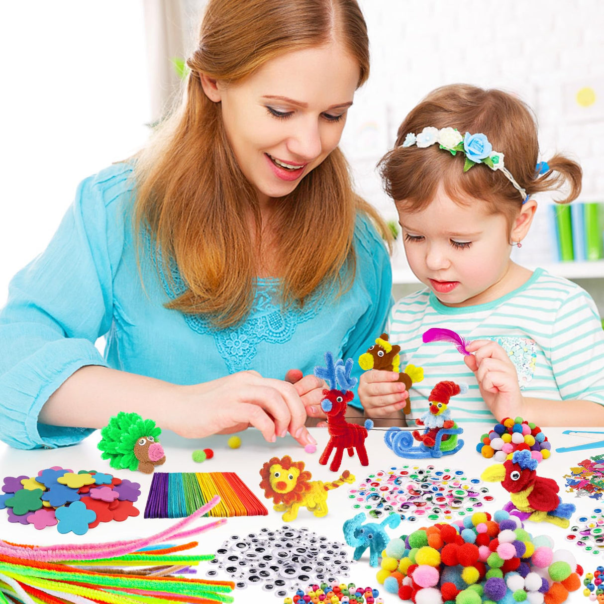 DOITEM Pipe Cleaners Craft Supplies, 1500+Pcs Arts and Crafts Supplies Including Pipe Cleaner Wiggle Googly Eyes Pom Poms Feathers Sticks Sequins Foam Flowers Papers Felt Stickers DOITEM