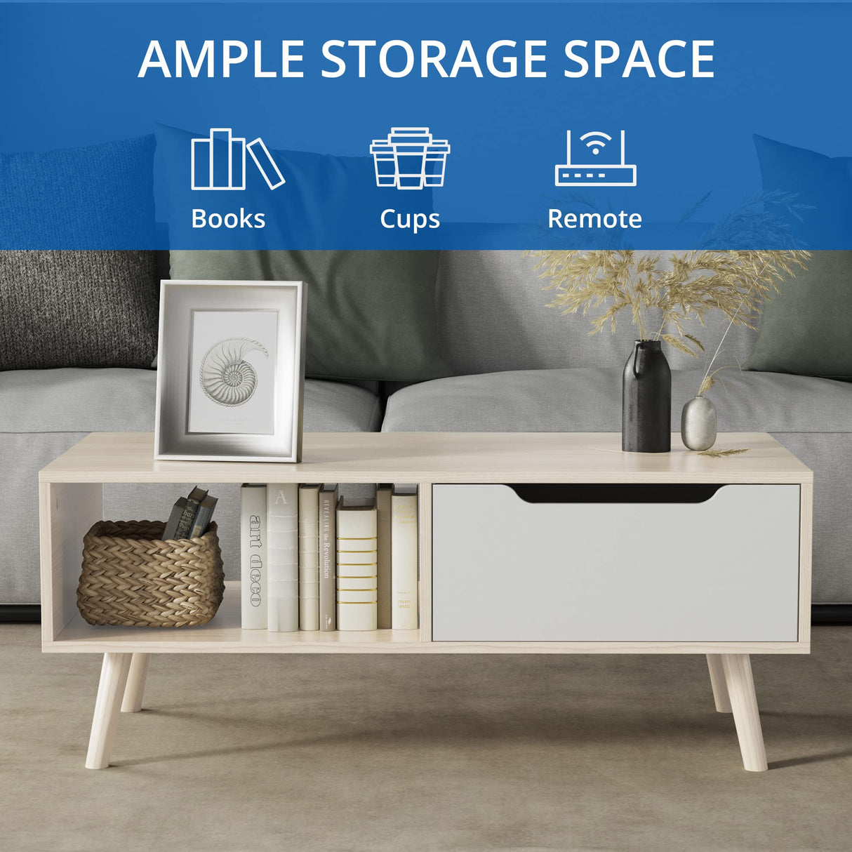 Cozy Castle Modern Wooden Coffee Table with Storage, Minimalist Hallway Mid Century Cocktail Table for Living Room Apartment Reception, Oak Cozy Castle