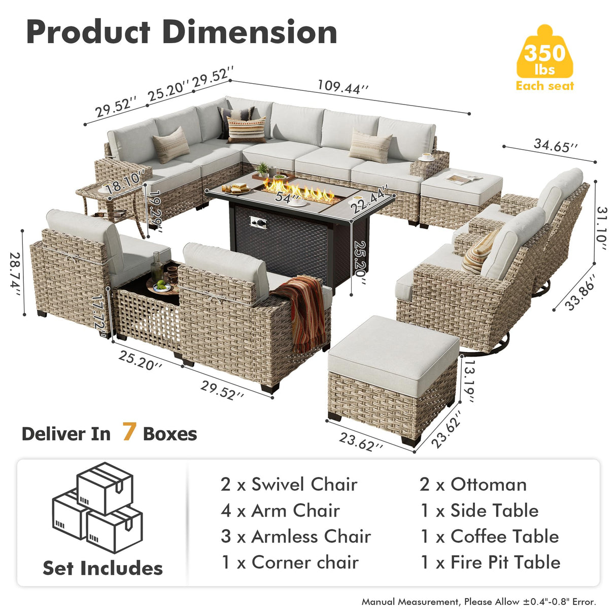 HOOOWOOO Outdoor Sectional Patio Furniture Set with Fire Pit Table,15 Pieces Wicker Conversation Sets L Shaped Couch,Extra Deep Out Door Sofa Outside Furniture with Swivel Chairs Ottomans,Light Gray HOOOWOOO