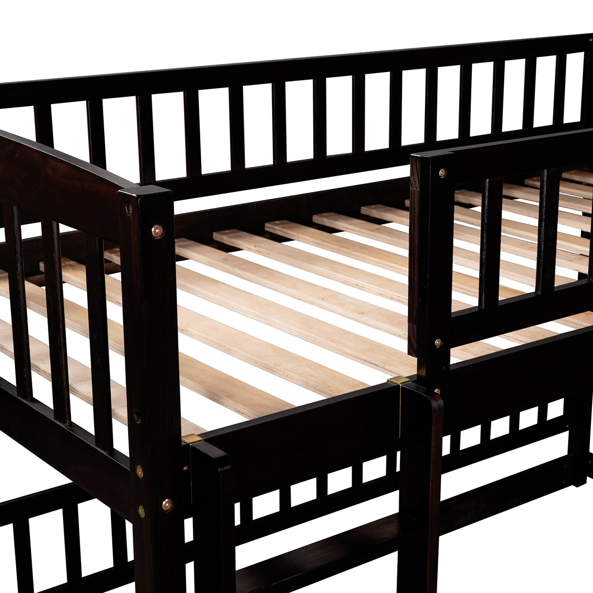 Twin Over Twin Bunk Bed with Slide for Kids, Low Bunk Bed Frame with Convertible Ladder & Detachable Fence, Solid Pine Wood Structure for Bedroom, Espresso Merax