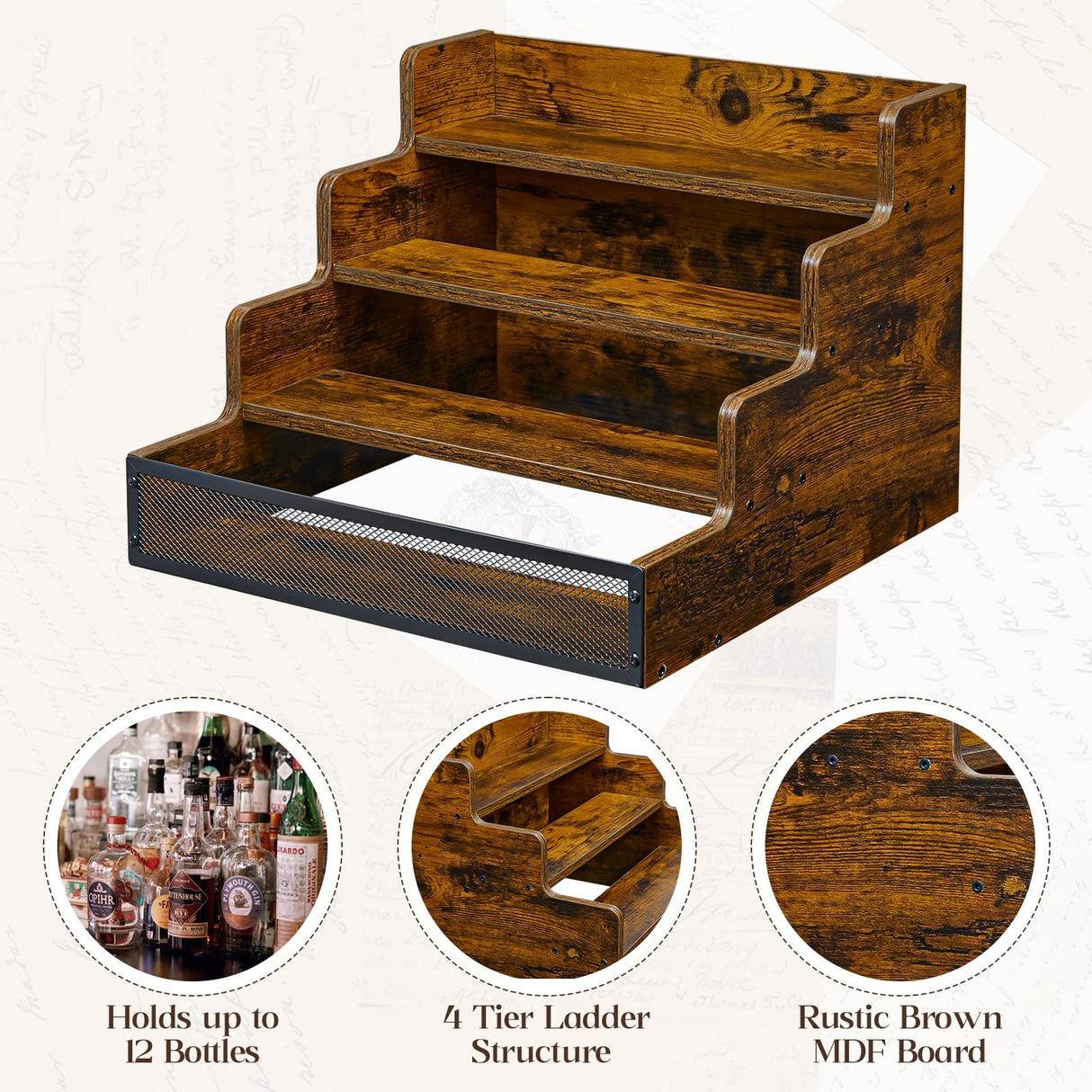 Yuzehuaza 4 Step Countertop Liquor Bottle Display Shelf, Wood Bar Shelves 16 Bottles with Fences, Freestanding Storage Shelves for Liquor Whiskey Wine Coffee Syrup Display, Retro Wine Rack Home Yuzehuaza