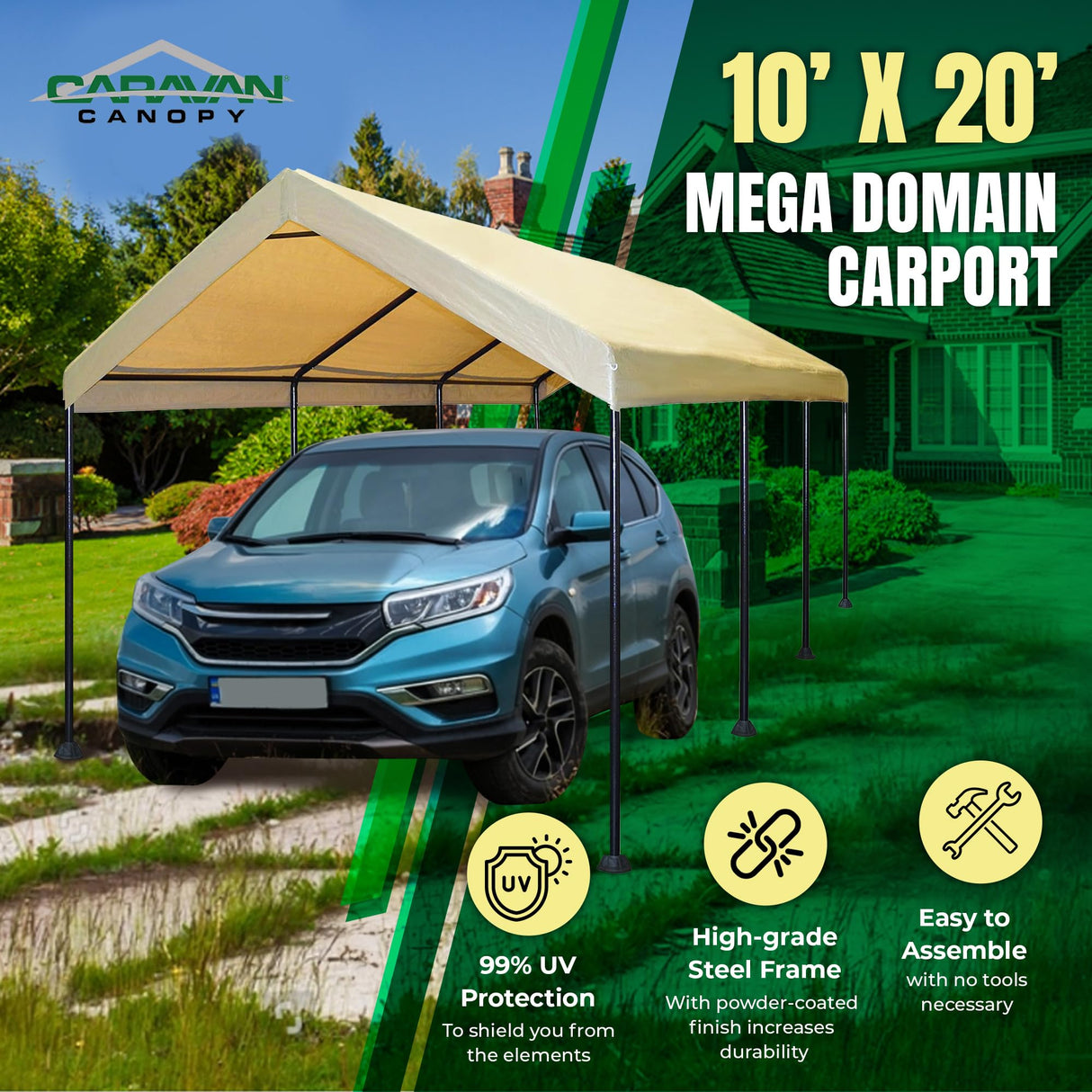 Caravan Canopy Mega Domain Carport with Waterproof Polyethylene Top, Durable Steel Frame, Compression Lock, and Easy Assembly, 10 by 20 Feet, Tan Caravan