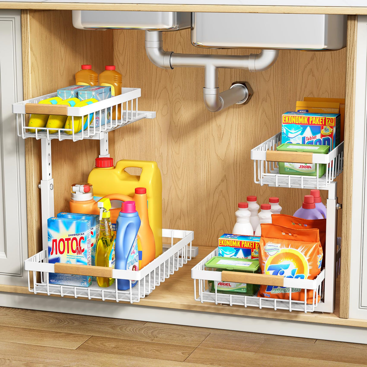 PXRACK 2 Pack Under Sink Organizer,Adjustable Height,2 Tier Pull Out Under Cabinet Organizer,Slide Out Thickened Metal Under Sink Storage for Kitchen Bathroom Laundry Cabinet Pantry,White PXRACK