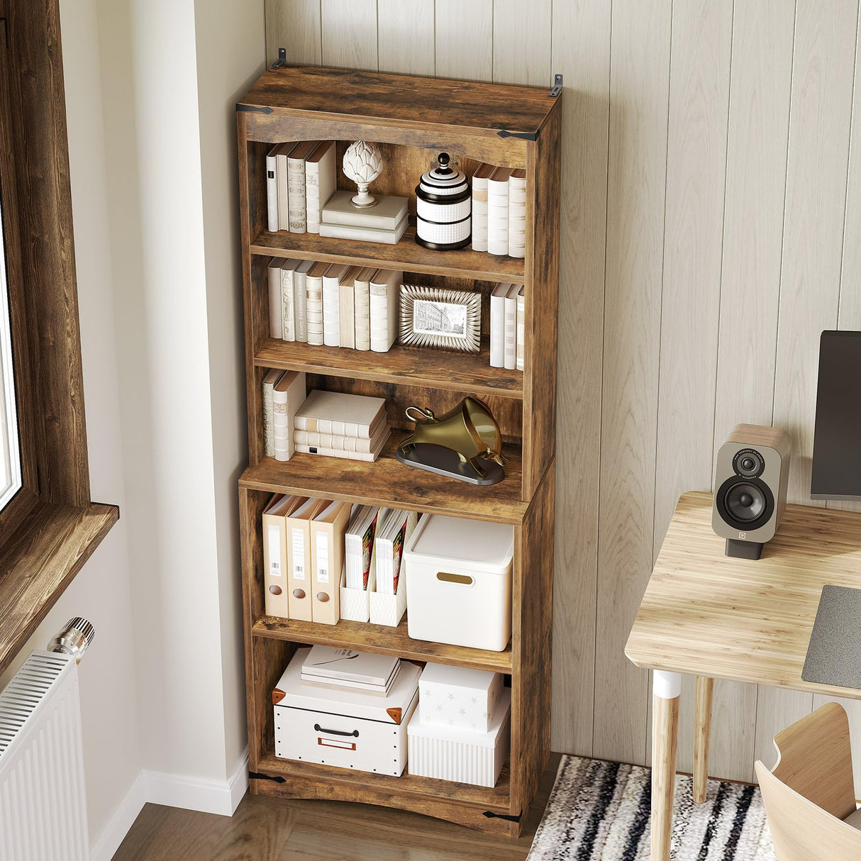 YATINEY Tall Bookcase and Bookshelf, 6-Tier Bookcase with Storage, 63" Wooden Bookshelf, Farmhouse Freestanding Display Storage Shelves for Home Office, Living Room, Rustic Brown SJ09BR YATINEY