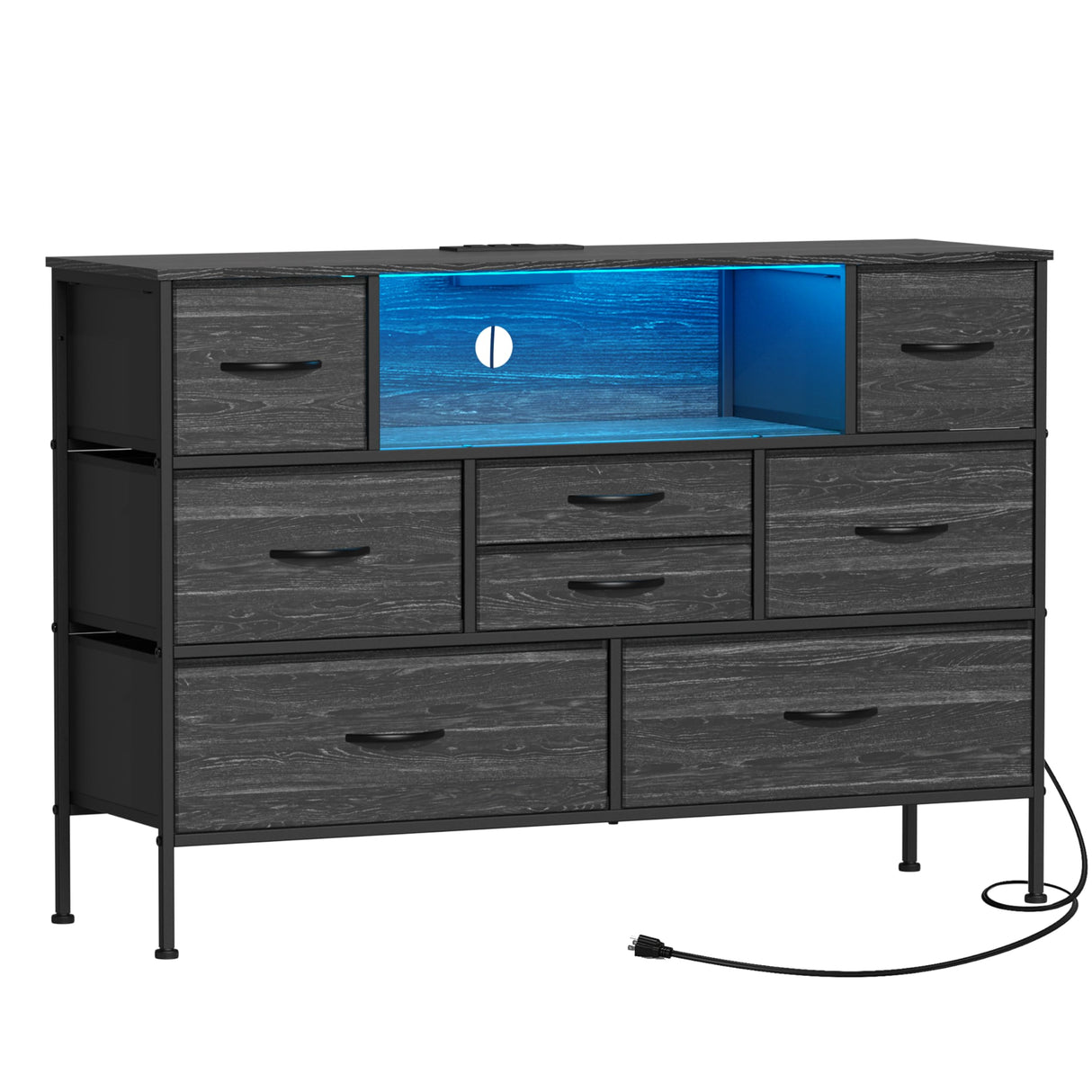 Simoretus Wide Dresser with Charging Station and LED Light for Bedroom 8 Fabric Drawers Chest of Drawers with Power Outlet Storage Open Shelf for Living Room TV Stand Closet Hallway (Charcoal Black) Simoretus