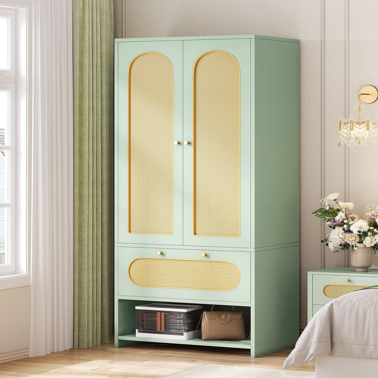 DWVO Rattan Armoire Wardrobe Closet Set of 2-70" Tall Rattan Armoire Closet with 4 Doors and 2 Drawers, Large Armoire Storage Cabinet with Drawers & Hanging Rod/Bedroom Armoire -Green DWVO