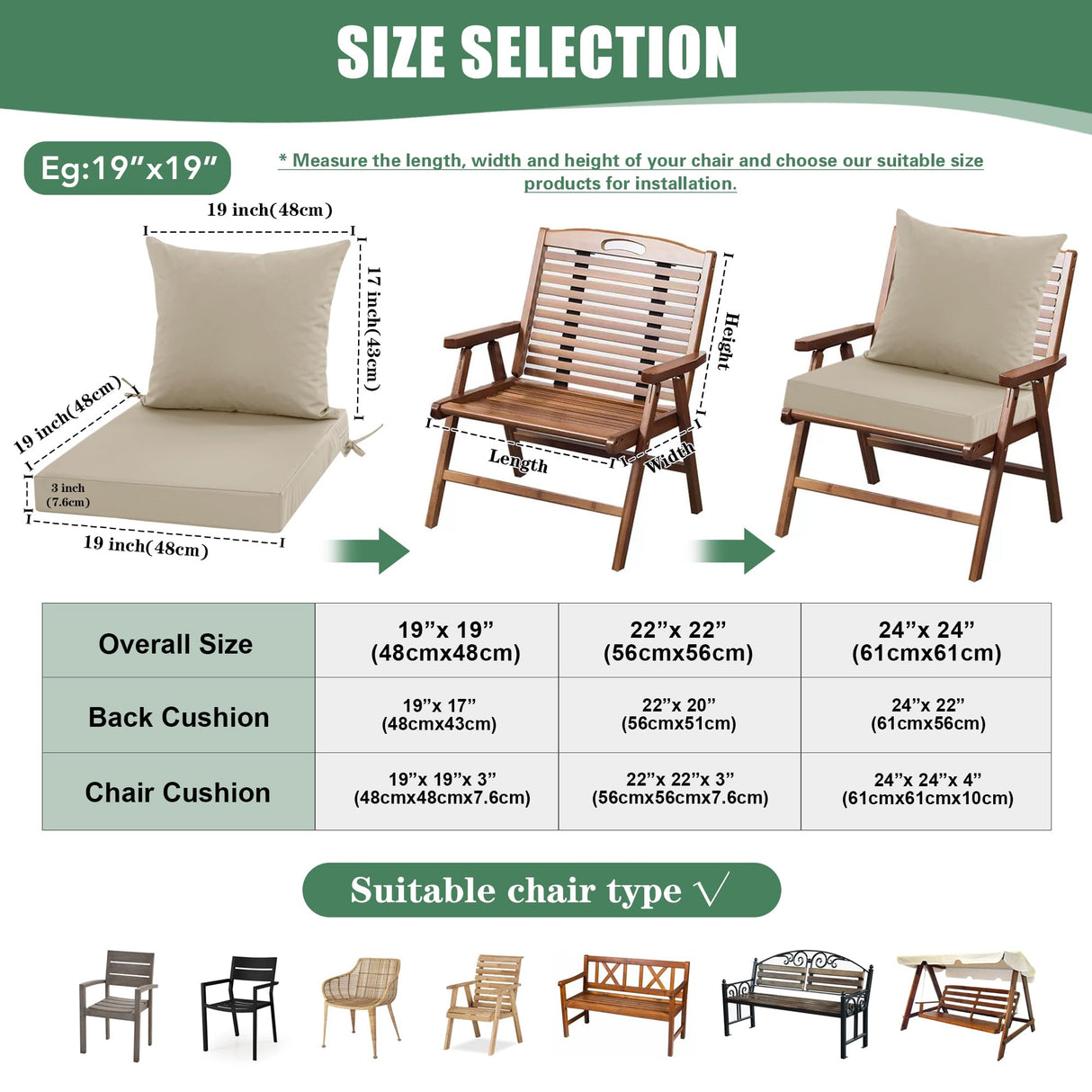 Summsun Outdoor Chair Cushions Set of 4, Waterproof Backrest and Deep Seat Cushion Set for Patio Furniture, Outdoor Sofa Replacement Cushions with Removable Cover, 24 x 24 Inch, Cream Summsun