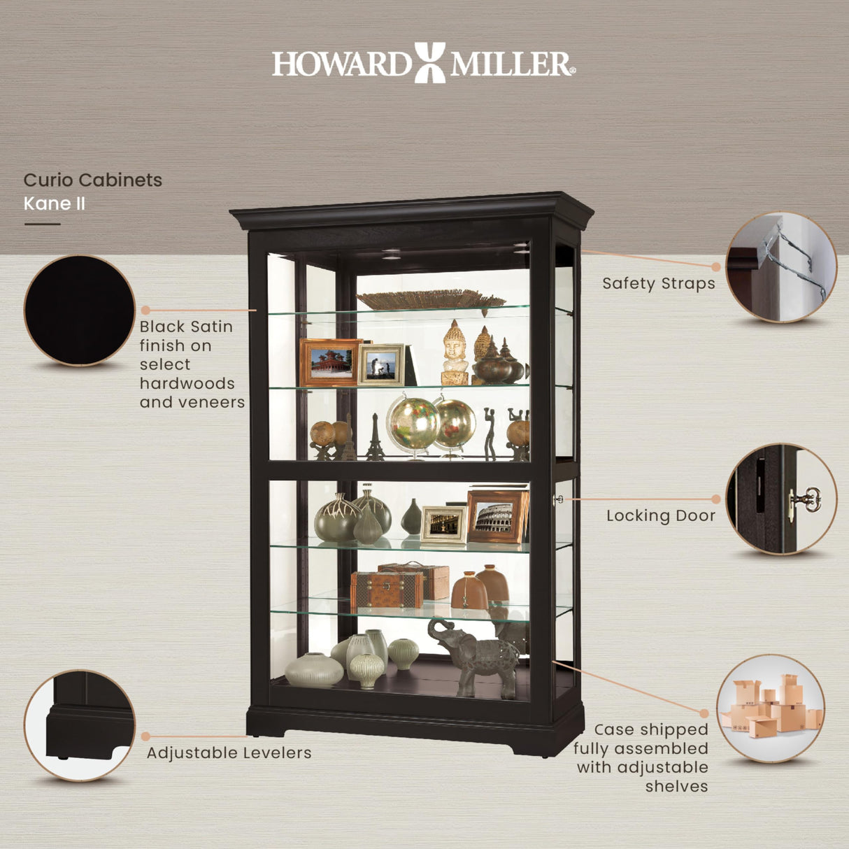 Howard Miller Kane II Curio Cabinet - Showcase Black Finish Adjustable Shelves & Levelers Illuminated Interior Lightning, Lockable Door Perfect for Living Room Office and Room Decor Howard Miller