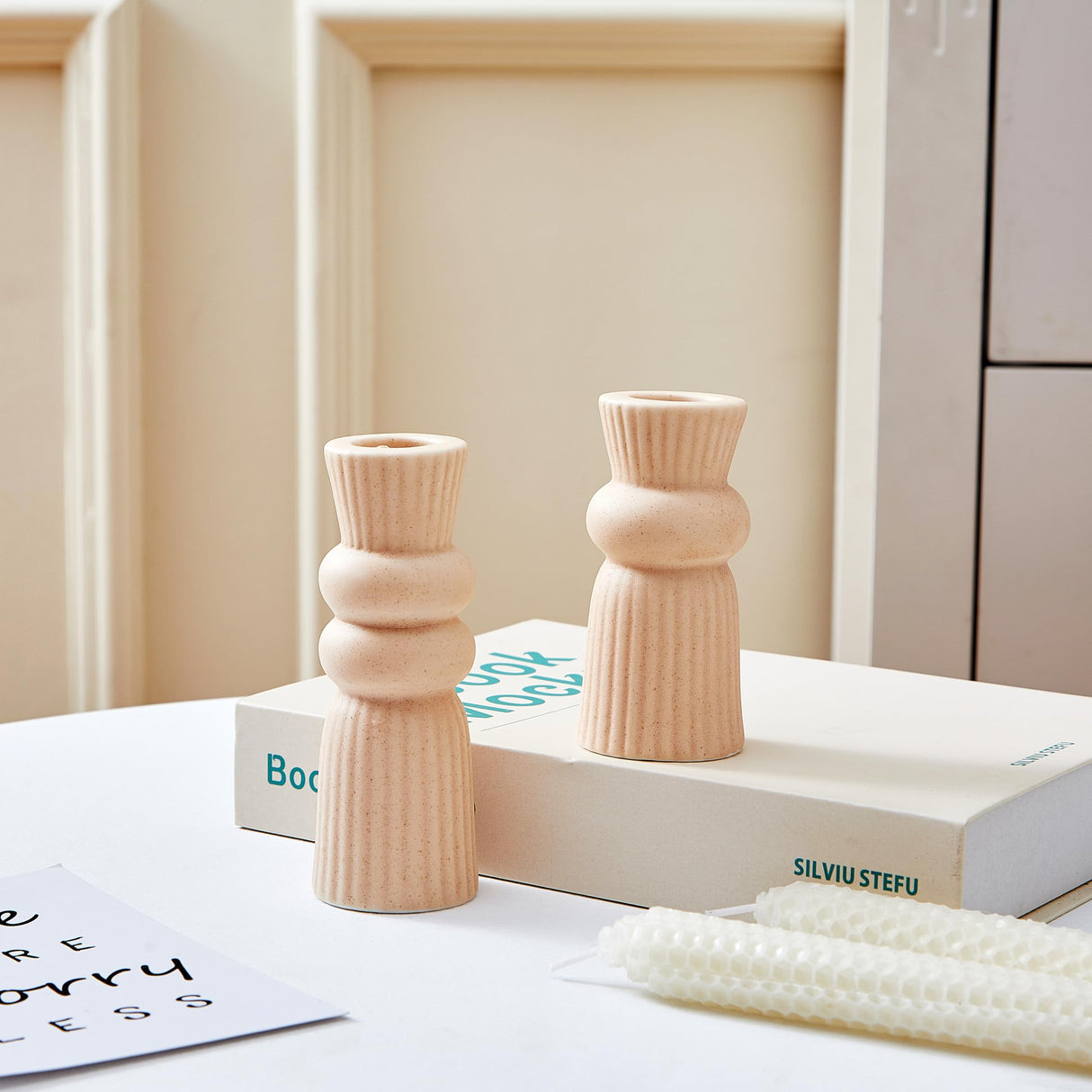 Denique Ceramic Candle Holders Set of 2, Creative Modern Knot Candlestick Holder Set, Table Centerpiece Taper Candle Holders Desktop Decoration for Home Decor, Wedding, Dinning, Party (Beige) Denique