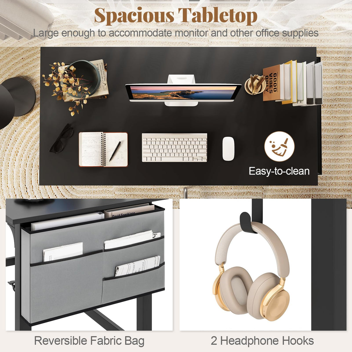 Giantex 8FT Conference Table, 4 PCS 48" Rectangular Mobile Meeting Room Desk with Removable Storage Bag & 2 Hanging Hooks, Rolling Modern Seminar Boardroom Table for Office Conference Room, Black Giantex