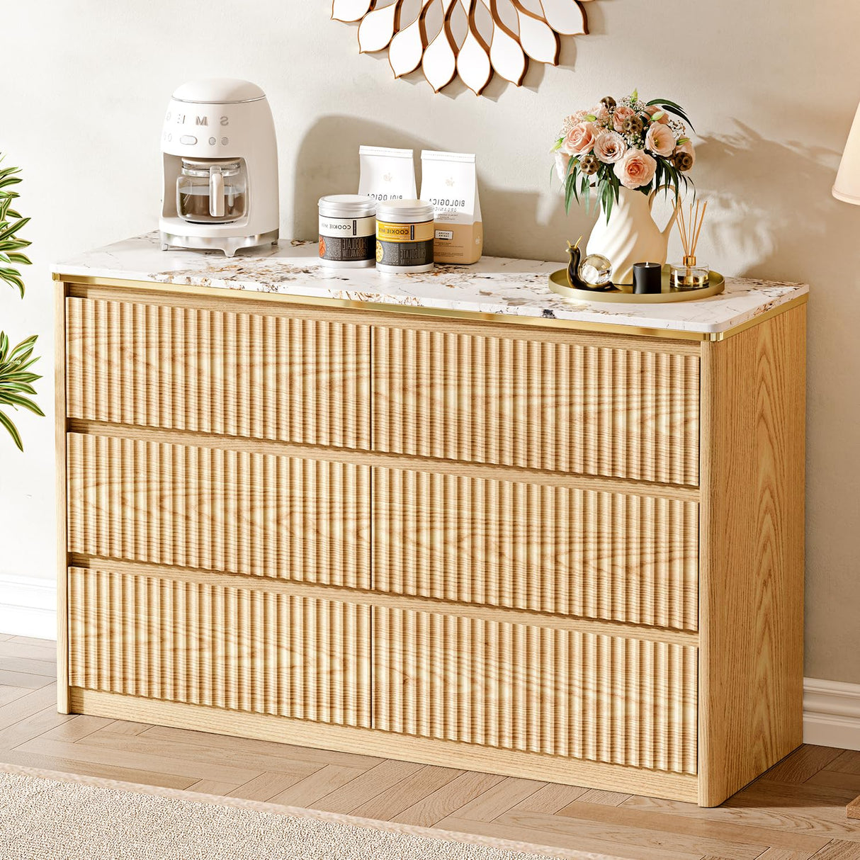 Ieejdn Fluted Dresser for Bedroom with 6 Drawers, 47.2" Modern Chest of Drawers with Faux Marble Top, Curved Profile Design,Dresser TV Stand, Wood Drawer Organizer for Living Room, Hallway, Oak1