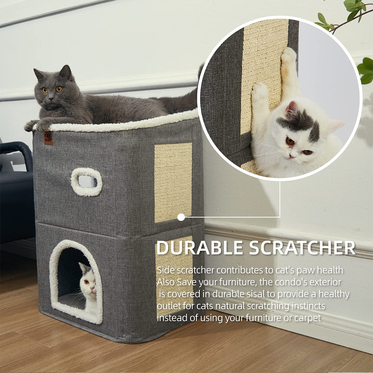 CATBOAT 2-Storey Cat House for Indoor Cats Bed, Covered Beds & Furniture with Scratch Pad and Hideaway Cave, Cute Modern Condo for Multi Small Pet Large Kitten Kitty, Grey CATBOAT