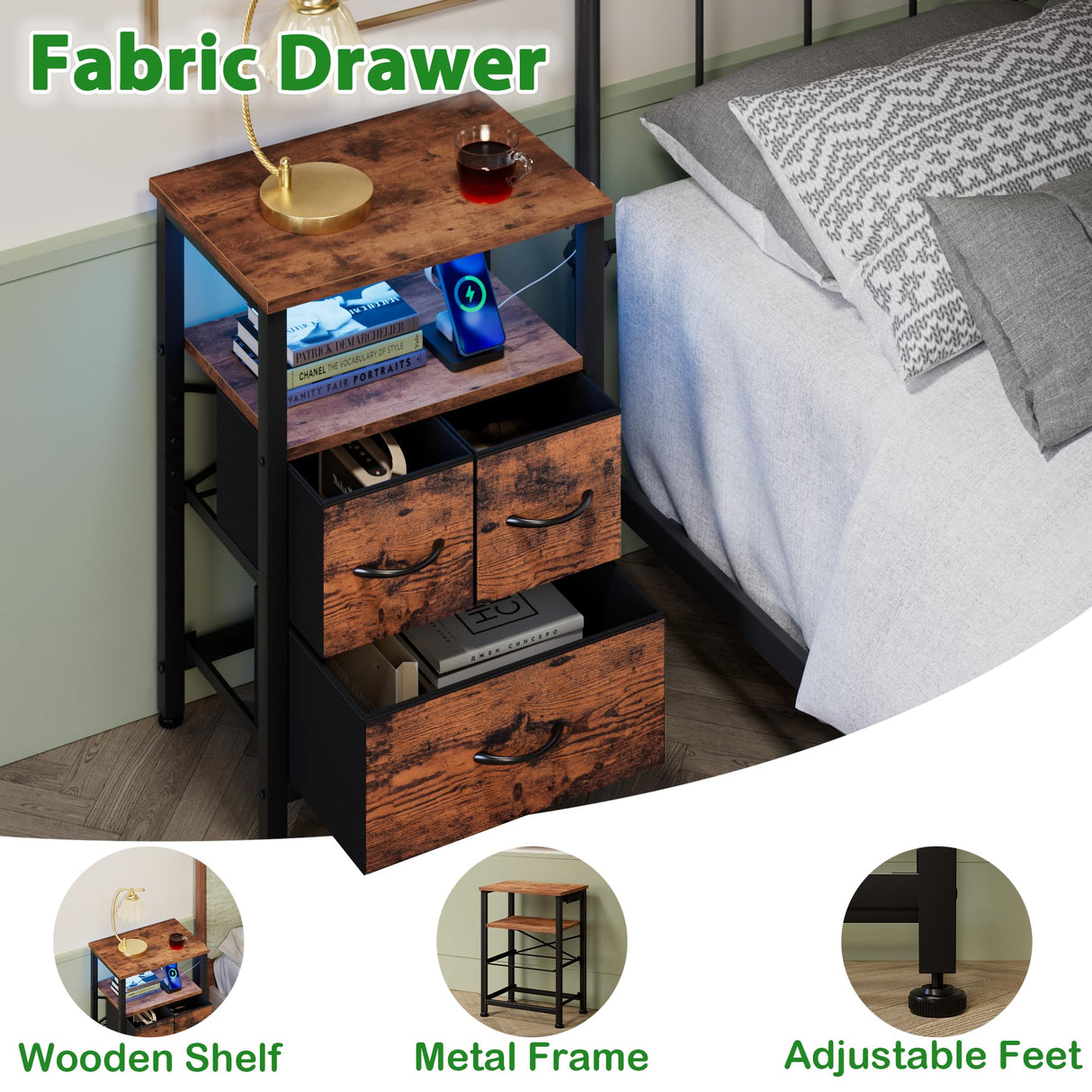Furnulem Led Nightstand with Charging Station, Bedside Table with 3 Fabric Drawers and Storage Shelf, End Table with USB Ports and Outlets, Small Night Stand for Bedroom, Rustic Brown Furnulem