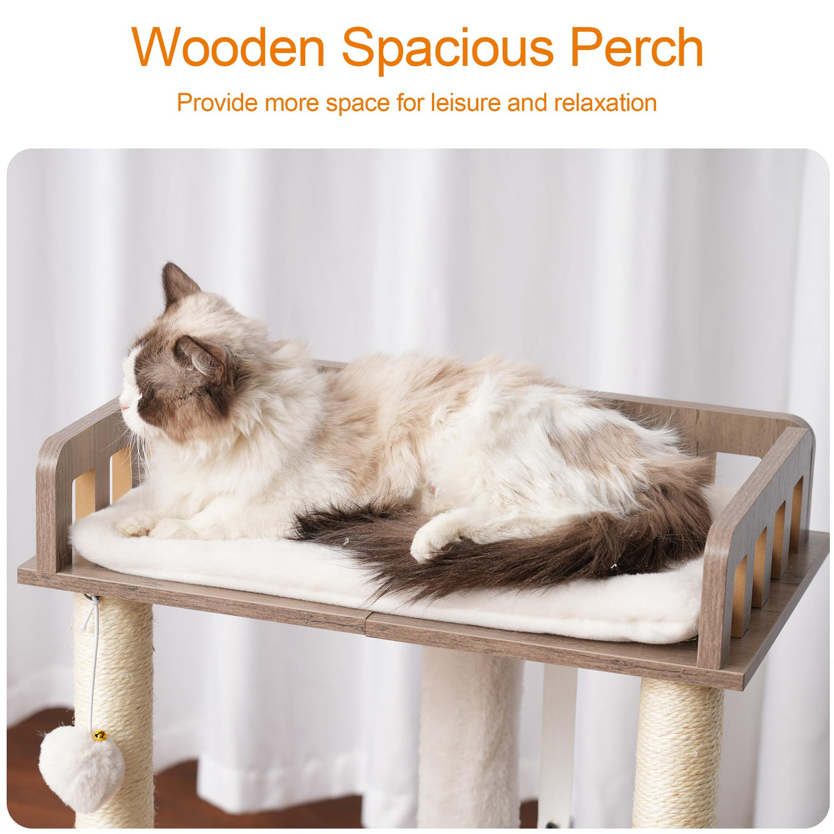 Heybly Modern Cat Tree, Wooden Cat Tower with 3 Scratching Posts, Cat Condo for Indoor Cats with Wood Cat Cave, Plush Perch, Basket, Pompom, Rustic Gray HCT007SSG Heybly