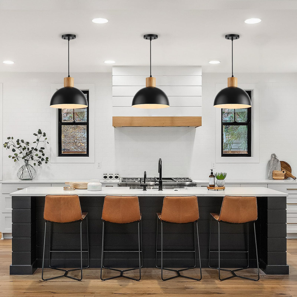 QianZhan Solid Wood Pendant Light 3 Pack, Modern Matte Black Pendant Lights Fixtures Adjustable Dome Hanging Lighting,for Kitchen Island Dining Room Restaurant Office Farmhouse QianZhan