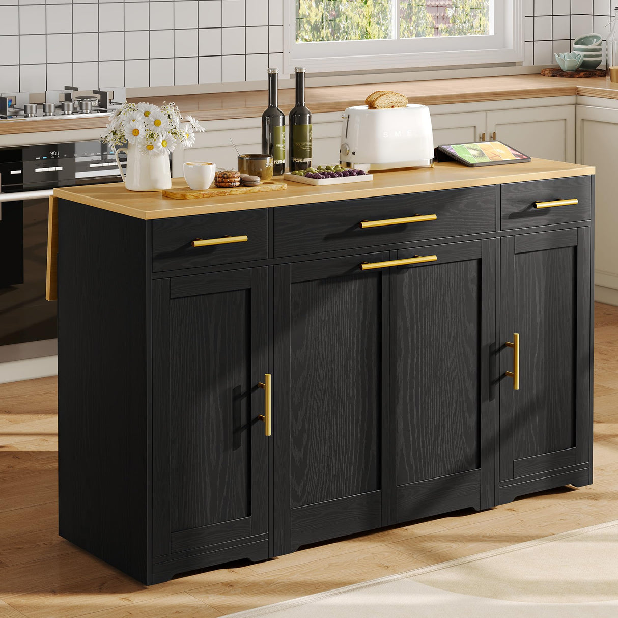 YITAHOME Kitchen Island with Drop Leaf, 55 inch Rolling Kitchen Carts, Modular Pull Out Trash Can Cabinet Fits Double 10-Gallon Garbage Bin, Mobile Island Table with 3 Drawers for Dining Room, Black YITAHOME