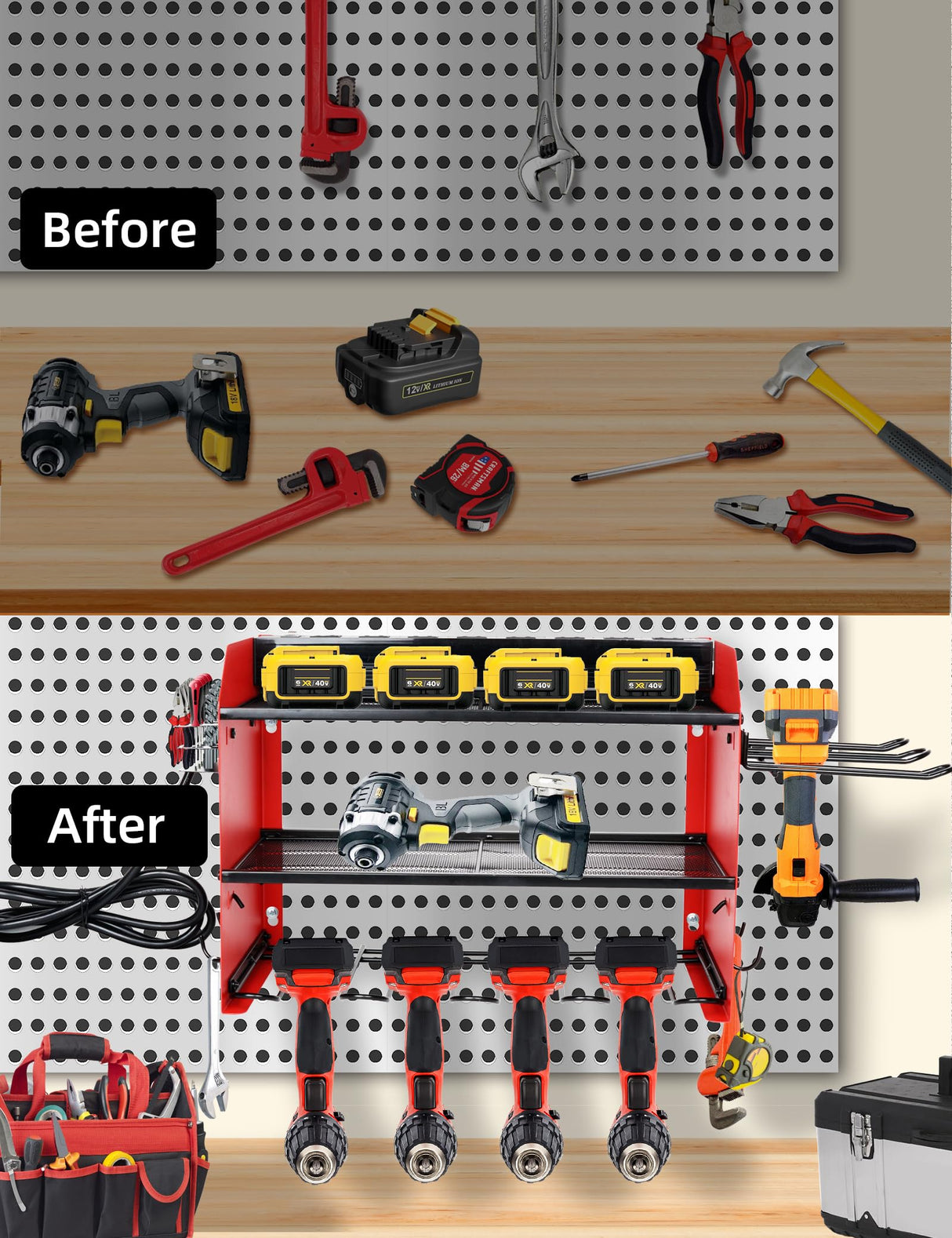 Power Tool Organizer wtih Charging Station,3 Layers Storage Rack with Screwdriver Rack 6 Drill Holders 8 Outlets Max Load 110lbs,for Workshop Garage Organizers and Storage Tool Battery Holder (Red) YOUNITA