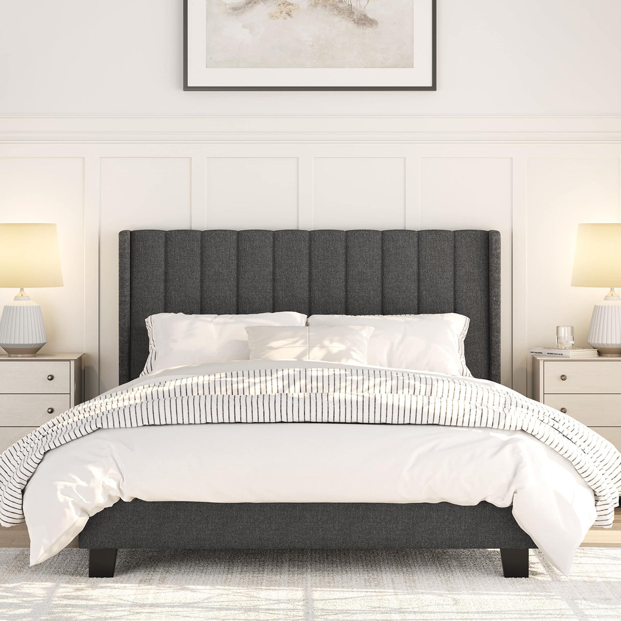 Yaheetech Upholstered Queen Size Bed Frame with Winged Headboard and Wooden Slats Support in Dark Gray Yaheetech