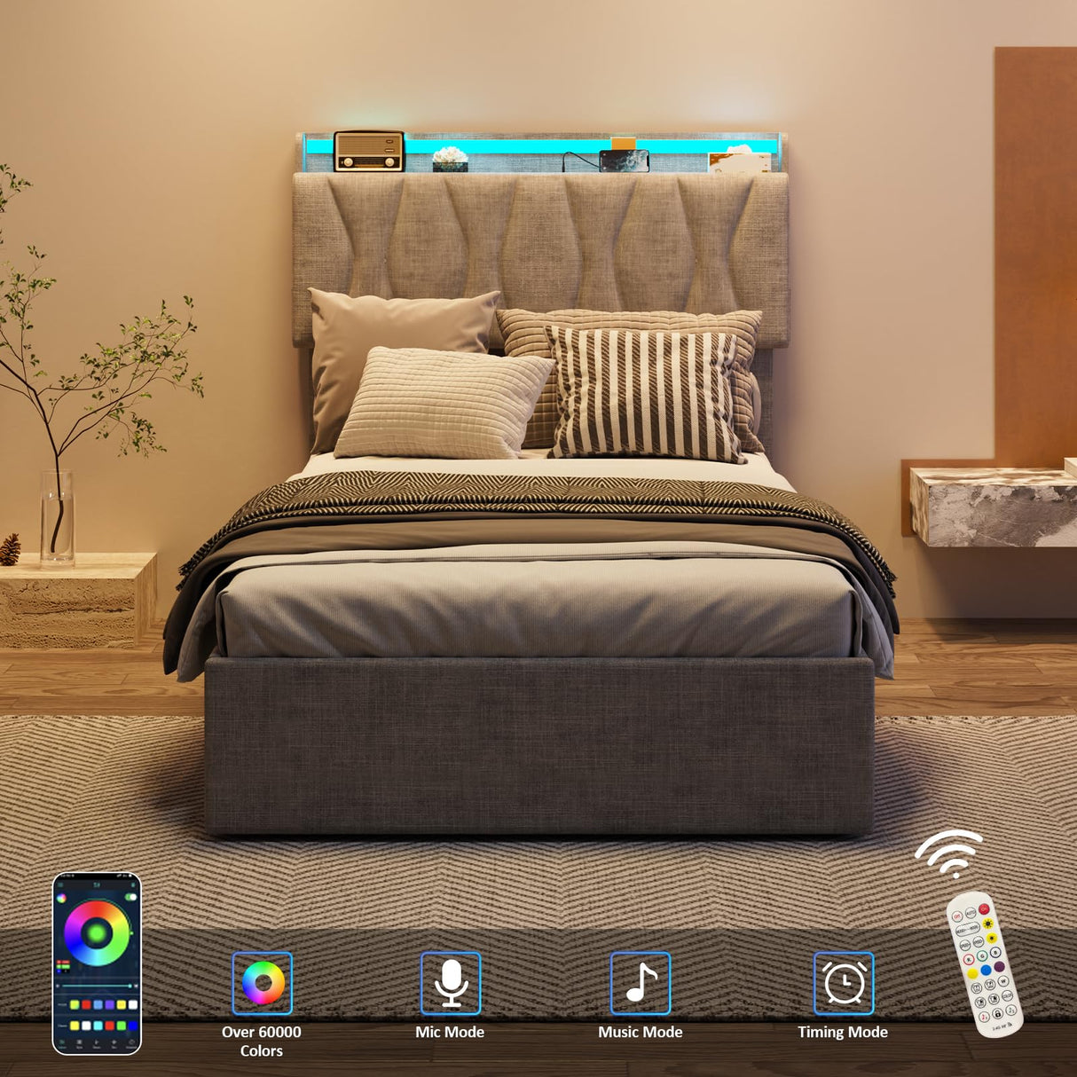 Twin Size Lift Up Storage Bed Frame with Adjustable Headboard, Charging Station, LED Lights, Wood Slats, Noise-Free, No Box Spring Needed, Light Grey Fameill