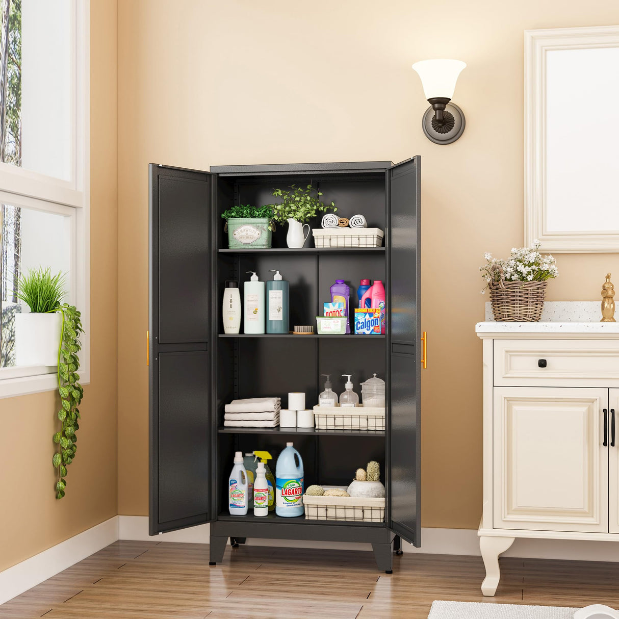 erosoei Metal Pantry Storage Cabinet, Kitchen Storage Cabinets with Adjustable Feet and Shelves, Pantry Cabinet for Kitchen, Living Room, Laundry Room and Dinning Room erosoei