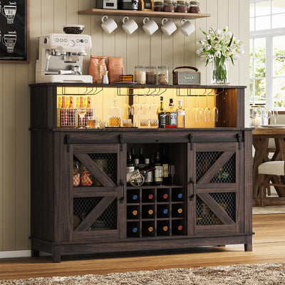 PUKAMI 55" Farmhouse Coffee Bar with LED Lights, Coffee Bar Cabinet with Storage and Hutch, Wine Bar with Sliding Barn Door & Wine and Glass Rack for Living Room, Kitchen (Brown)