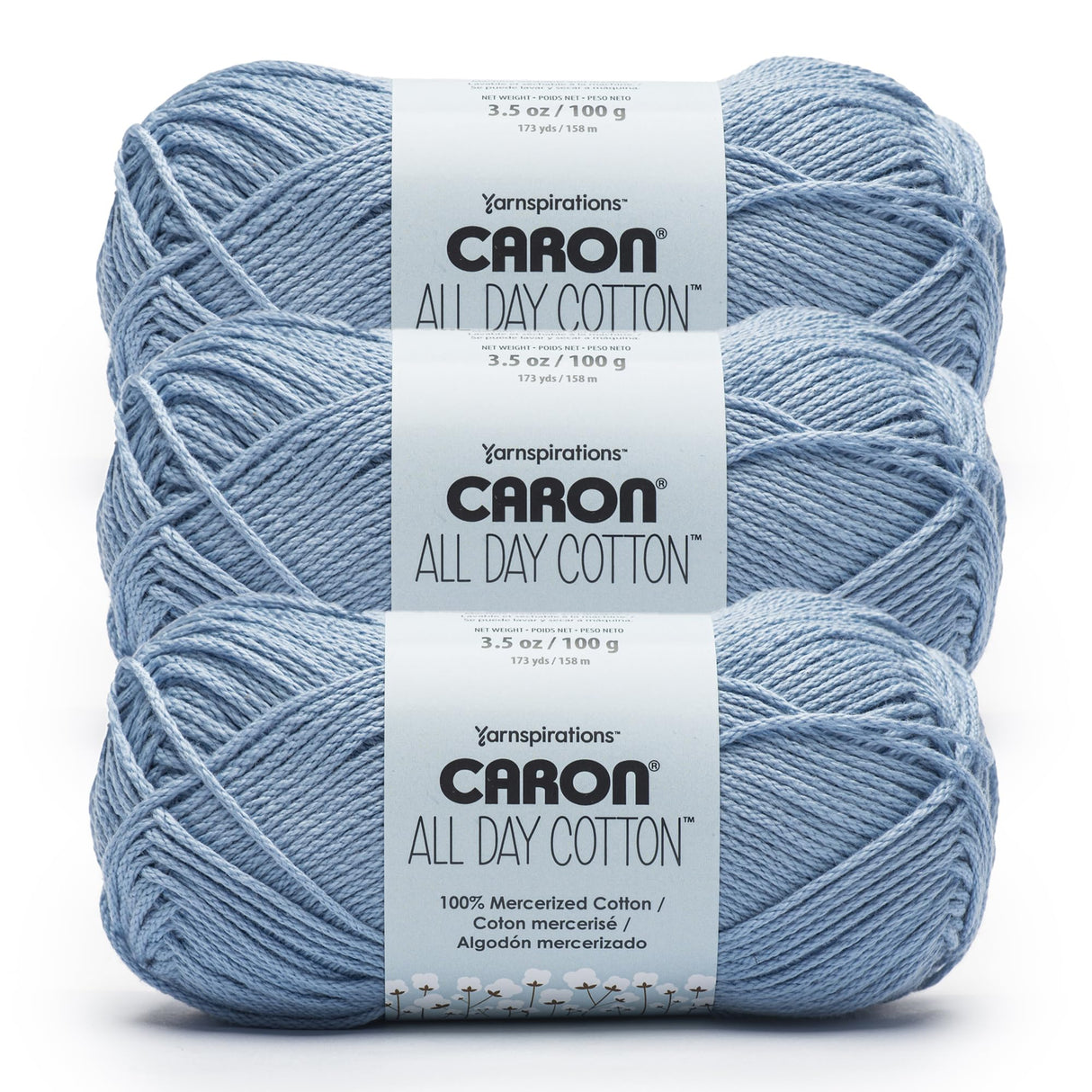 Caron All Day Cotton - 3 Pack of 173 Yards/3.52 oz Eyes Blue 100% Mercerized Cotton Yarn Caron