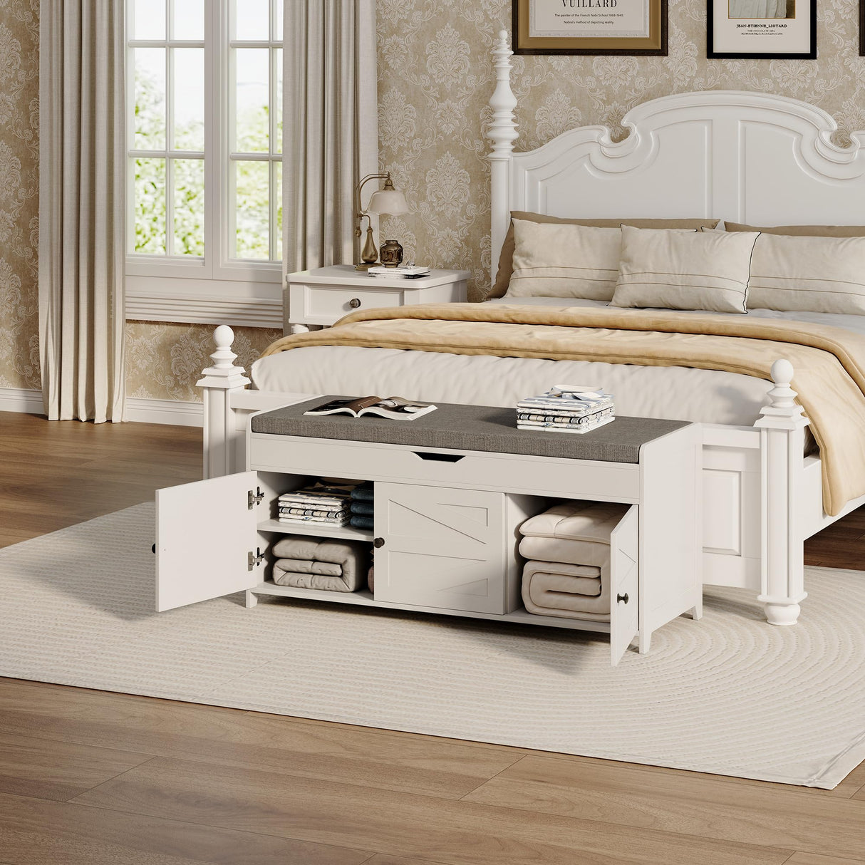 Xdwwhome Shoes Bench with Cushion, Storage Bench, Entryway Bench with Lift Top Storage, 43.3" Wooden End of Bed Bench, Shoe Bench Cabinet for Living Room Bedroom Hallway Garden, 330 lbs, White Xdwwhome