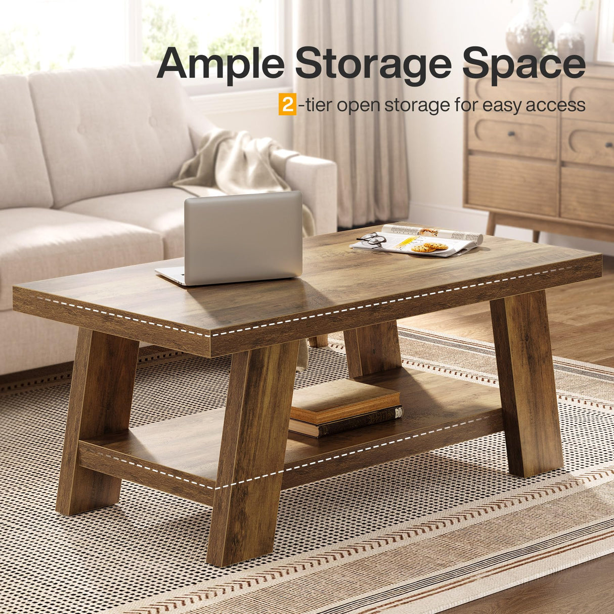 Tribesigns Farmhouse Coffee Table, Rustic Coffee Tables for Living Room, 47.24" Rectangular Wood Living Room Tables, 2-Tier Center Table with Storage for Apartment, Bedroom, Office (Rustic Brown) Tribesigns