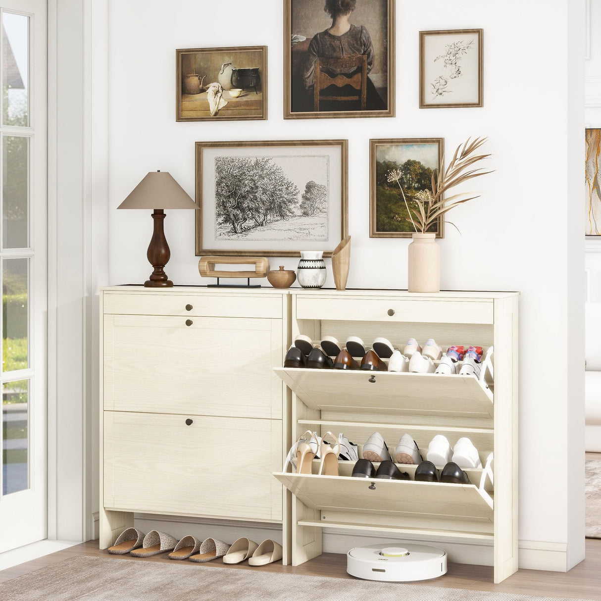 FTZxHKLX Shoe Cabinet with 2 Flip-Up Doors & Drawer, Slim Shoe Cabinet with Adjustable Shelves & Elevated Design, Freestanding Narrow Shoe Storage Organizer for Entryway, Hallway, Foyer, Light Oak FTZxHKLX