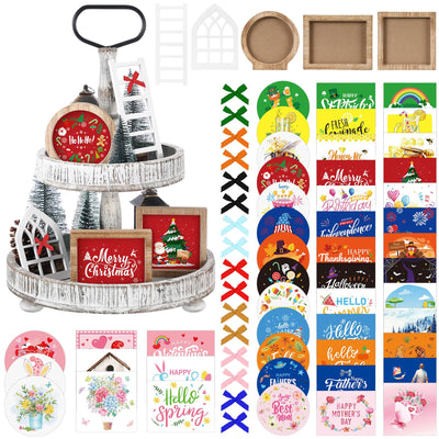 Bencailor 48 Pcs Interchangeable Seasonal Tiered Tray Decor Set Farmhouse Holiday Fall Halloween Tiered Decorations Include Wood Frames with Ladders Cards(Vintage Color,Festive)