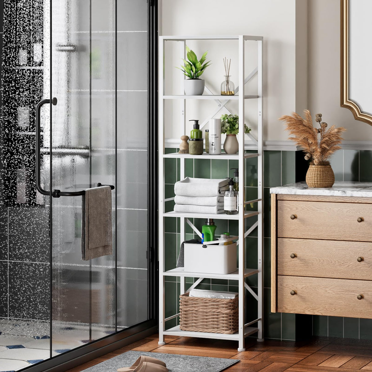 Furologee White Tall Bookshelf, Narrow Bookcase with 6 Shelves, Modern Freestanding Shelf Units, Metal and Wood Display Storage Corner Rack Organizer for Living Room, Home Office, Hallway, Bathroom Furologee